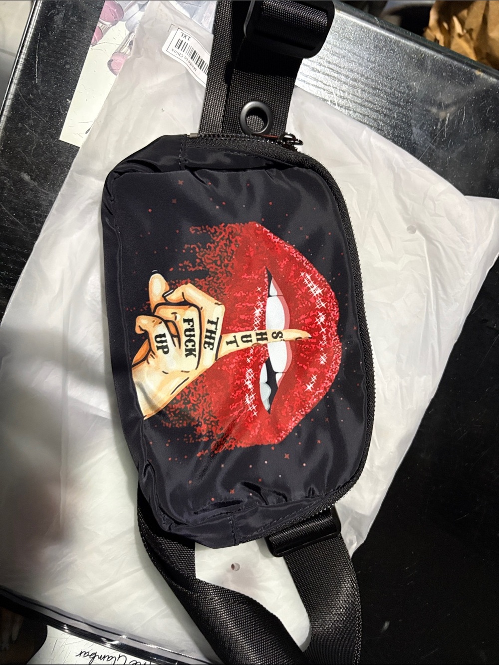 Black Fanny Pack with Red Glitter Lip Graphic